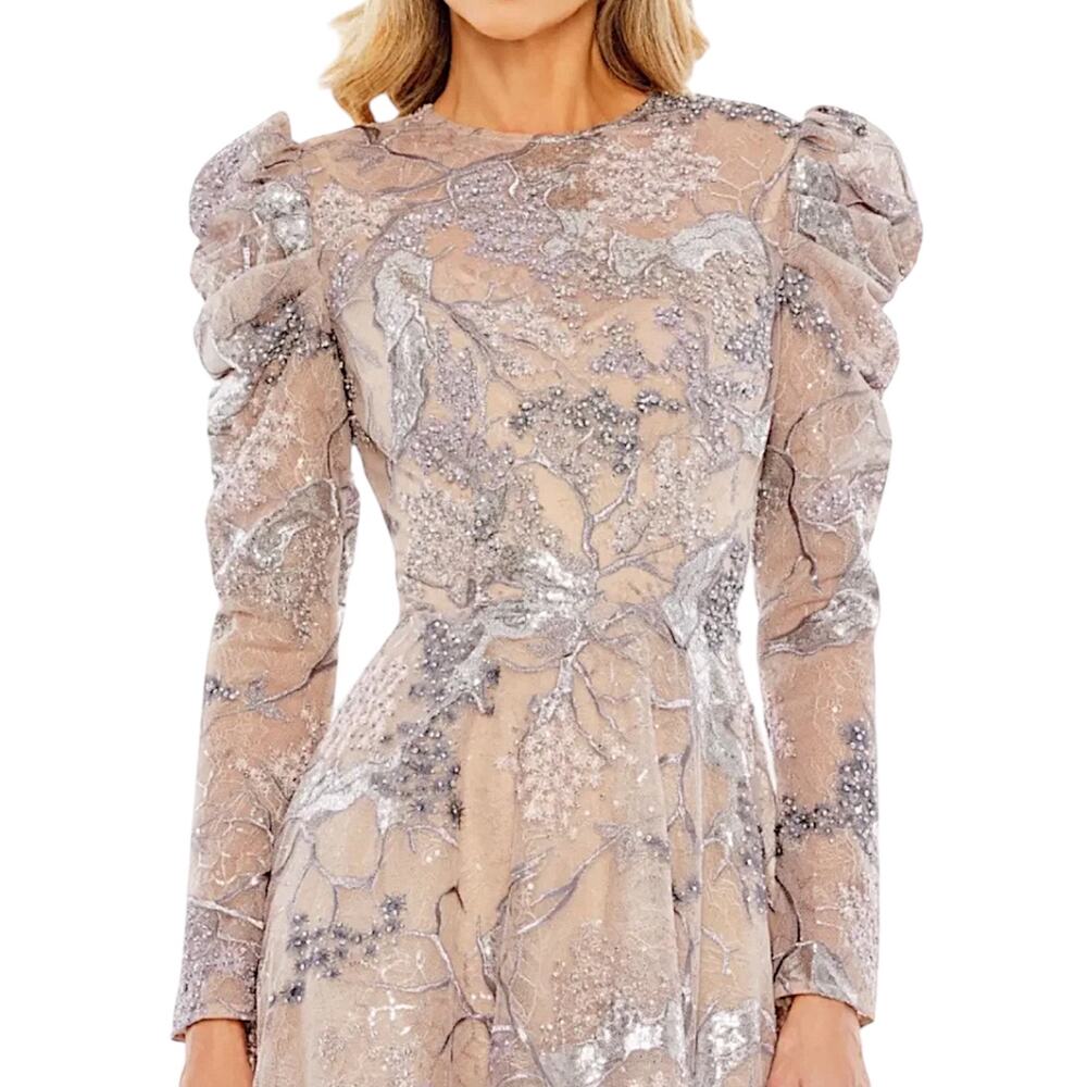 Mac Duggal Embellished High Neck Puff Sleeve A-Line Dress Taupe Size 6 - Picture 3 of 14